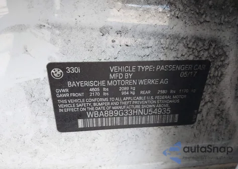 2017 BMW 330I z USA, uszkodzony, nr VIN WBA8B9G33HNU54935